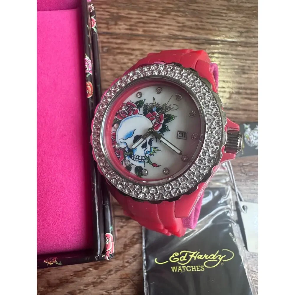NIB Ed Hardy Love Kills Slowly Watch Swarovski Crystals & Red Pink Band Y2K